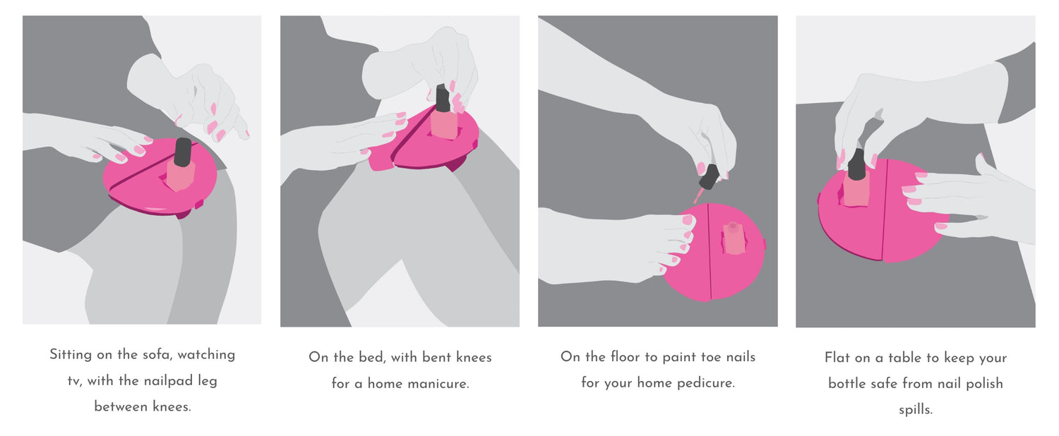 Painting nails at hoe is easier with a Nailpad. Manicures on the sofa, table, your knees are easier and avoids a nail polish spill. 